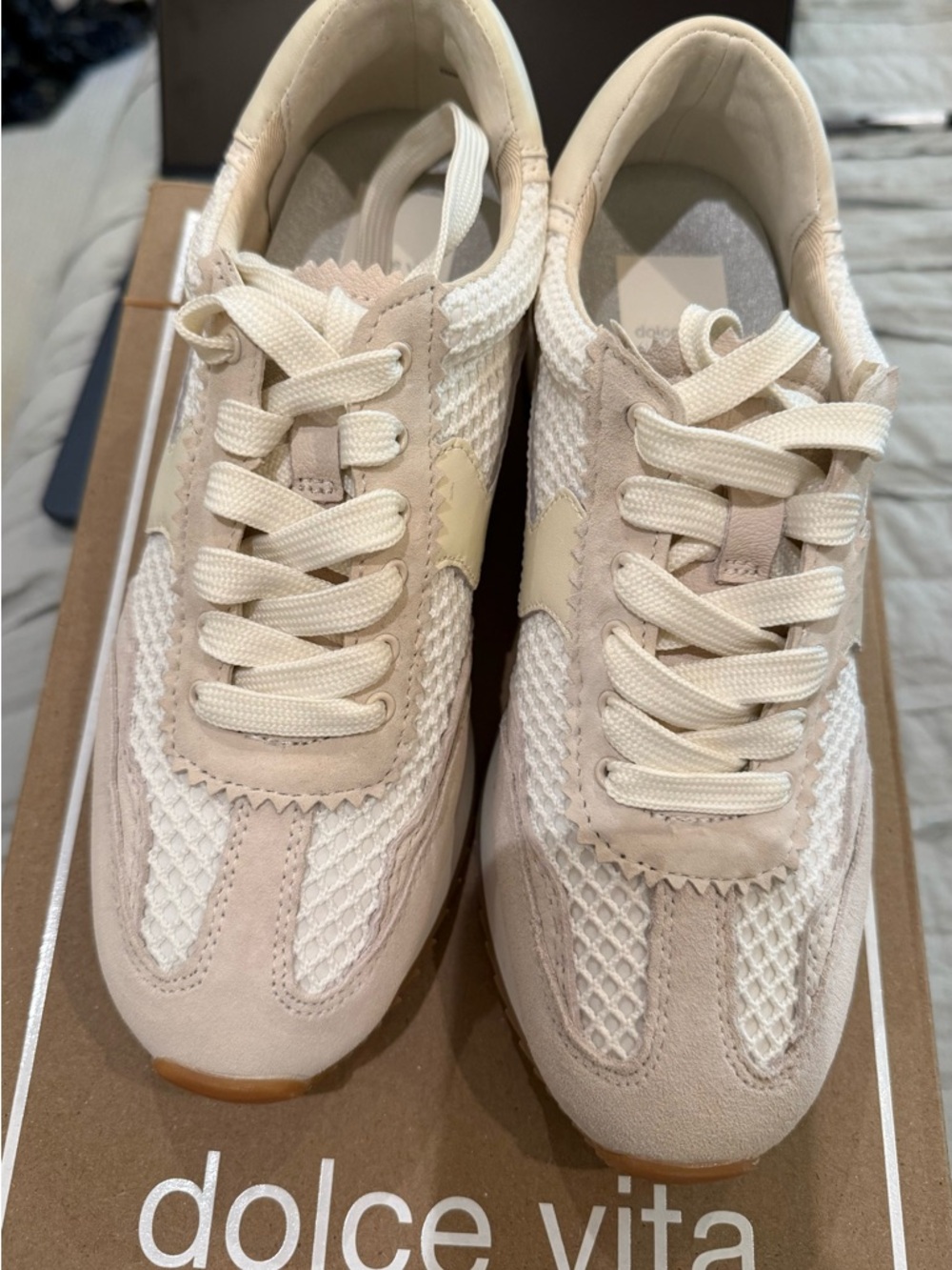 Dolce Vita Women’s Beige & Cream Mesh Suede Lace-Up Sneakers